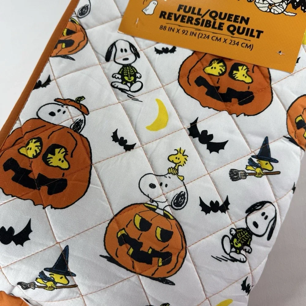 Peanuts Snoopy Woodstock Halloween QUEEN Reversible Quilt Blanket NWT 🎃🦇🕸️🌛